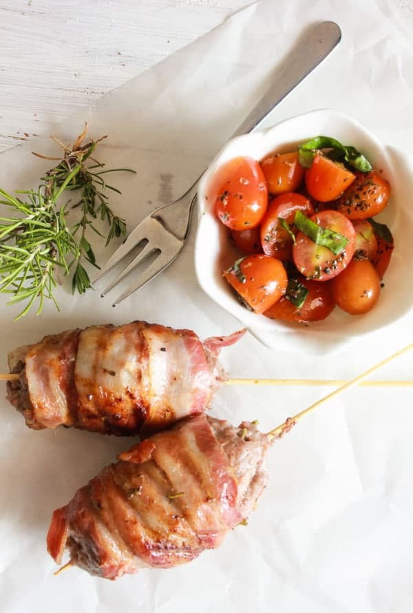 Bacon Wrapped Pork and Beef Skewers