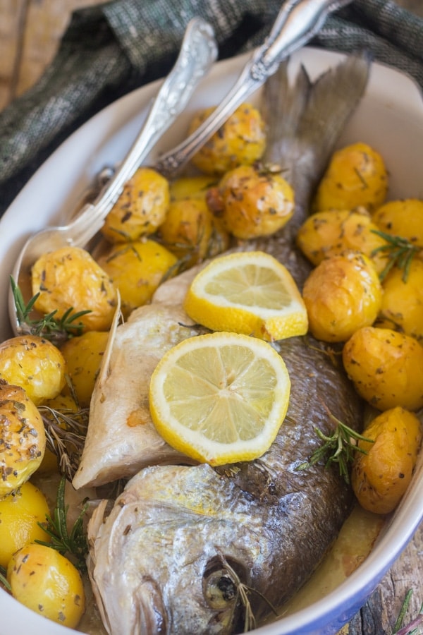 baked trout / sea bass in a white dish with small potatoes