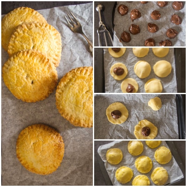 5 how to photos of Italian hazelnut cream hand pies pies baked stuffed, rolled and ready to be baked on a cookie sheet