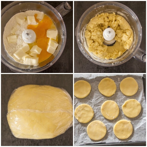 how to make hand pies, ingredients in food processor, mixed in processor, dough formed and dough cut into rounds 8 rounds on a parchment paper lined round sheet