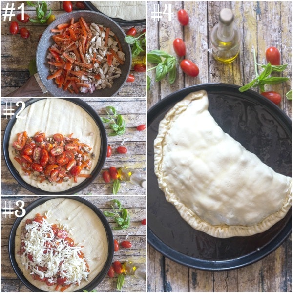 calzone how to make veggies in the pan, tomatoes and cheese on the dough ready for baking