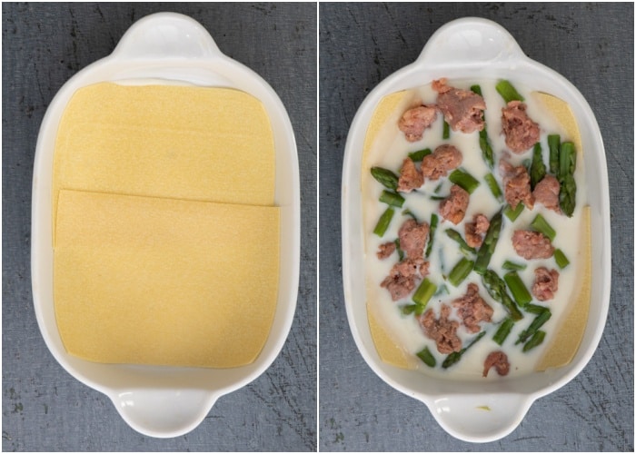 Layering the lasagna and ingredients in the pan.