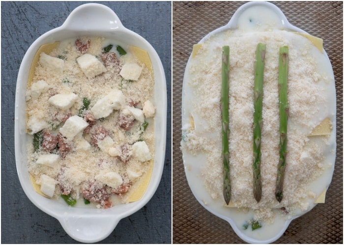 The cheese and white sauce in the pan before baking.