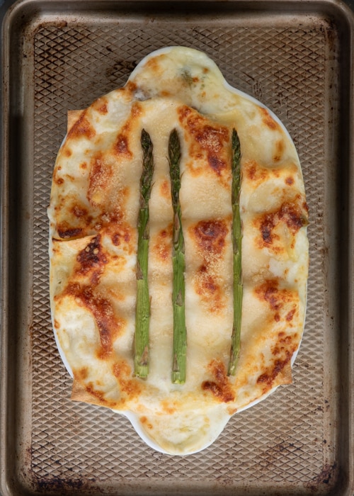 The baked lasagna in the pan.