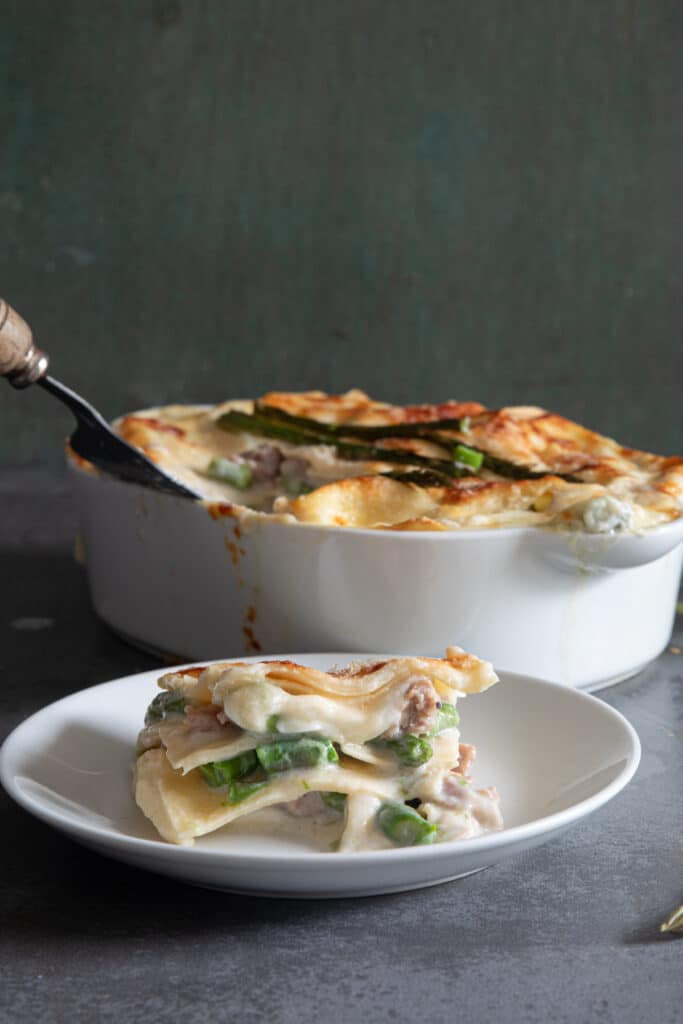 A slice of lasagna on the plate and in the pan.
