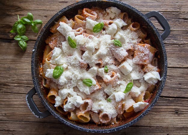 baked pasta in skillet before baked