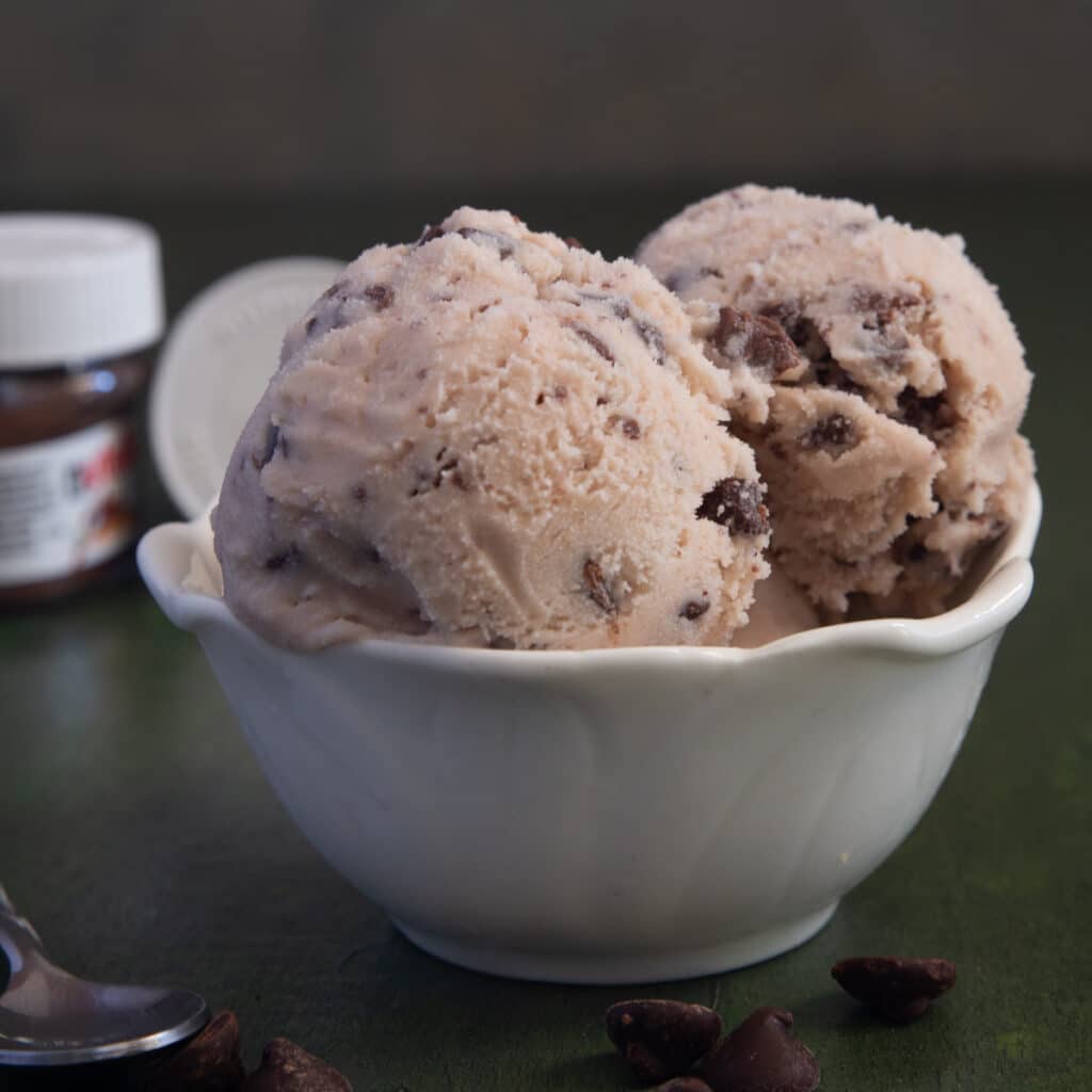 Ice cream in a white bowl.