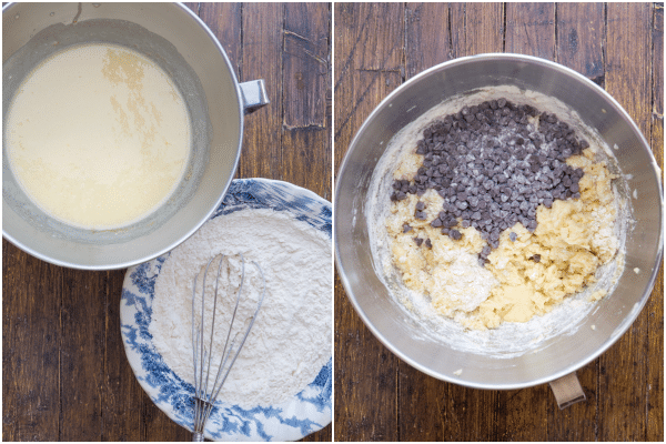 how to make a ricotta cake batter and whisked dry ingredients and in a bowl with the chocolate chips