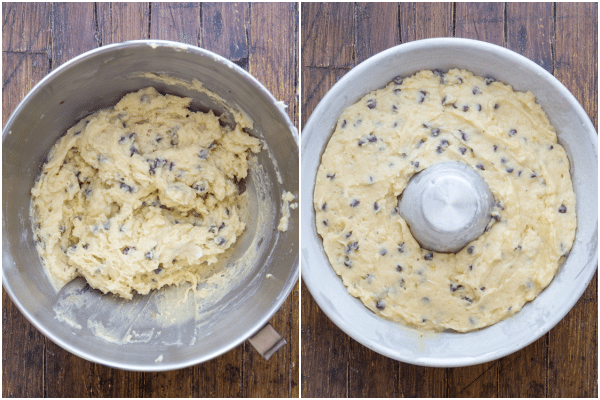 how to make a ricotta cake batter mixed in a bowl and in the cake pan ready for baking