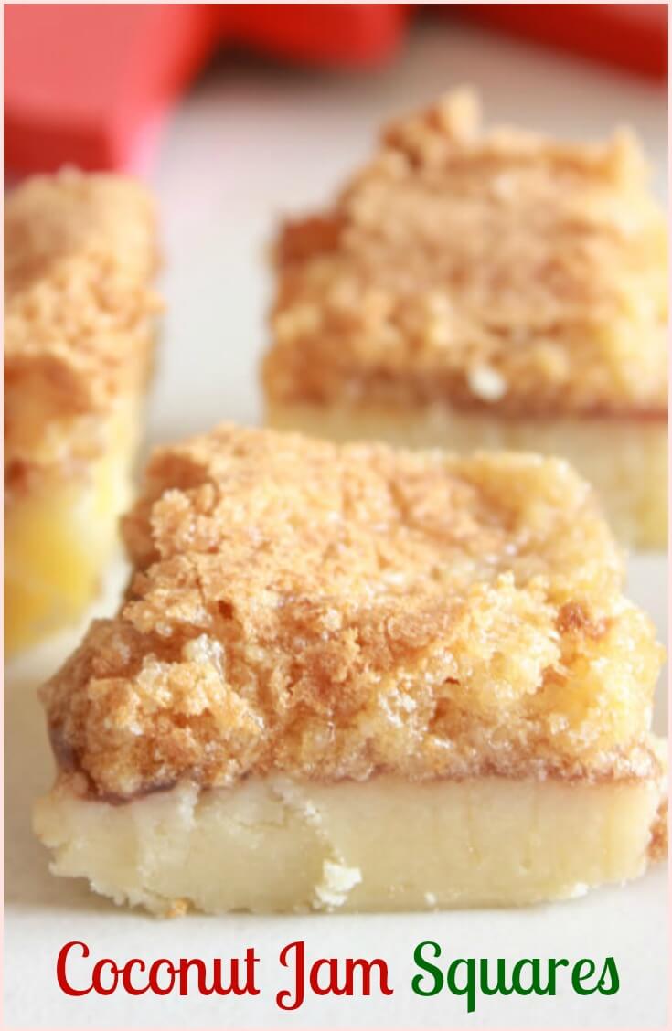 Coconut jam squares, delicious Christmas shortbread crust, jam filling and a coconut, brown sugar meringue baked topping. Melt in your mouth yumminess!