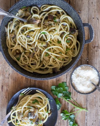 pasta and eggplant in a pan and on a plate