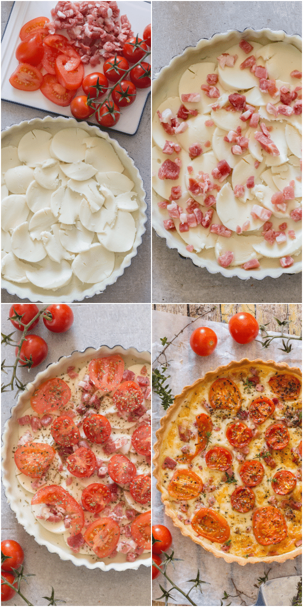 tomato pancetta savory pie how to make topped with cheese, pancetta and tomatoes and baked