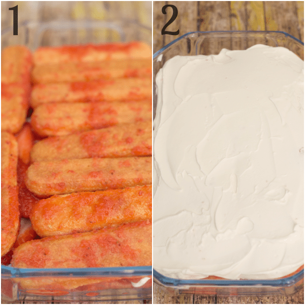 how to make strawberry tiramisu soaked lady fingers, covered in cream mixture