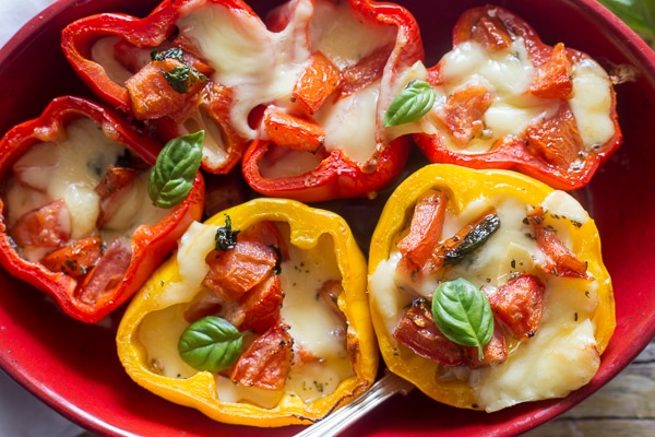stuffed peppers in a baking pan