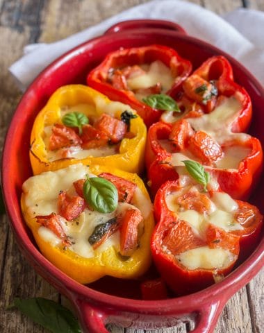 stuffed peppers baked in a red pan