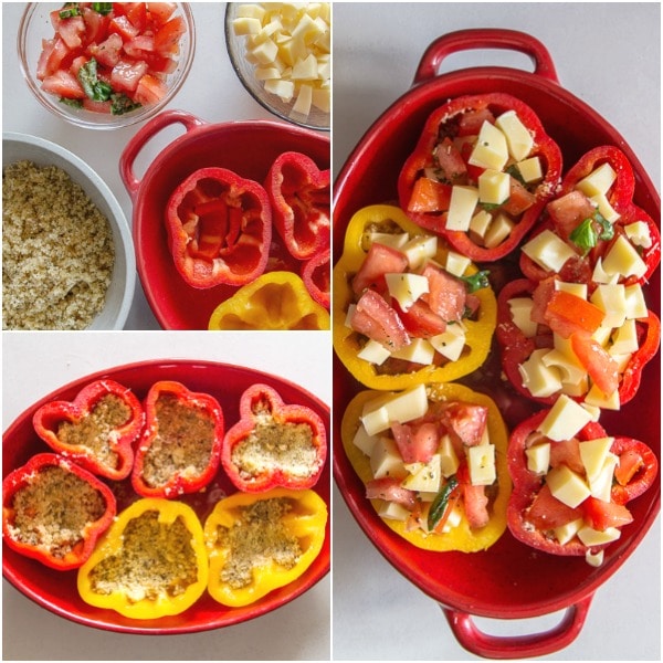 stuffed peppers how to make the ingredients, bread crumb mixture in the peppers, ready for baking