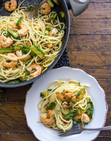 Skillet Zucchini Shrimp Pasta is a delicious pasta dish. An easy perfect zucchini recipe for weekday or even weekend cooking.