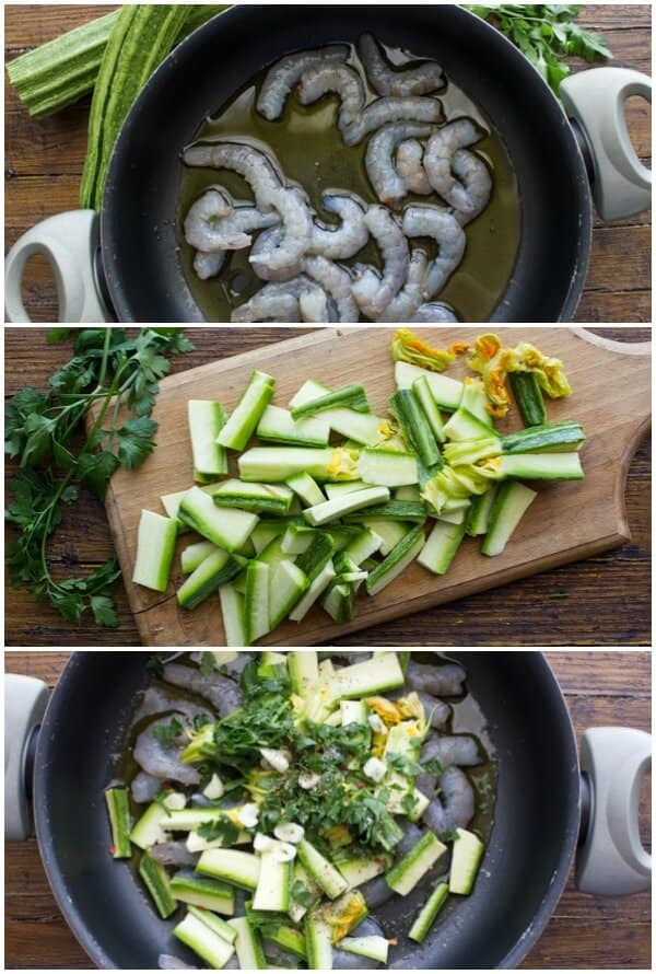 How to make zucchini shrimp pasta before and after made.