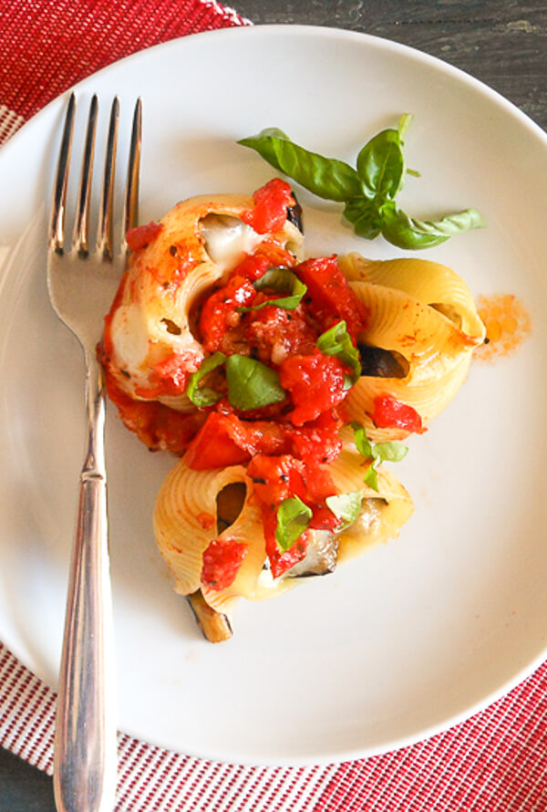 Fresh Tomato Eggplant Cheese Shells, the perfect Stuffed Pasta Shells with cheese and eggplant. An easy Italian Vegetarian Dinner Recipe.