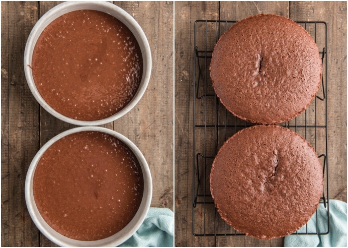 The cake batter in the pans before and after baking.