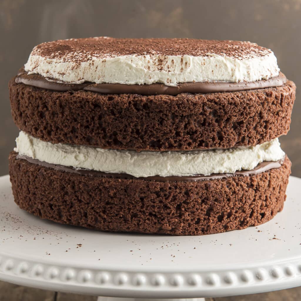 Nutella cake on a white cake stand.