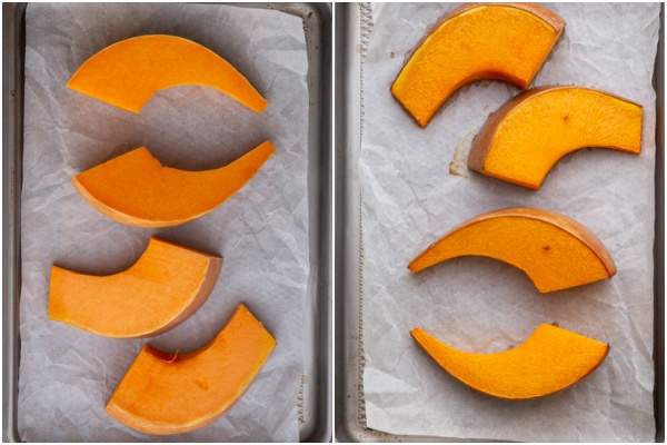 Pumpkin roasted before and after on a cookie sheet.