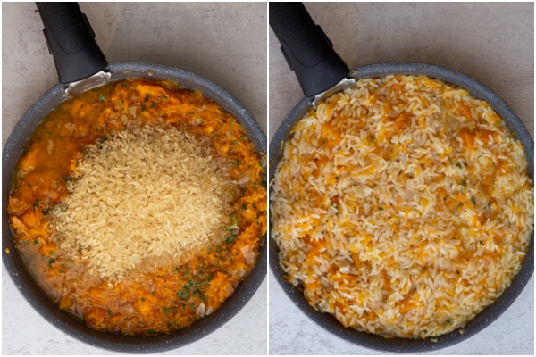 The rice added to the pan and the broth to the pan.