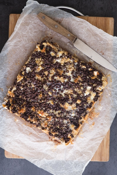 the baked rocky road bars in a square pan