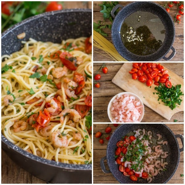shrimp and tomato pasta how to make photos, garlic, shrimp and cut tomatoes, all in the pan before and after cooked
