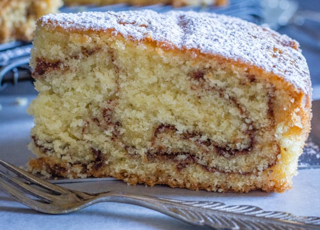 an up close of a slice of simple easy cinnamon cake