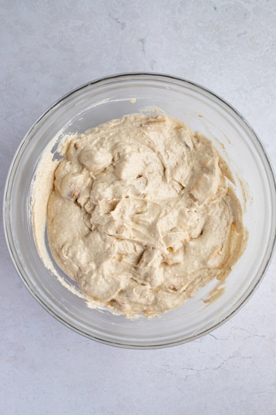 Batter mixed in a glass bowl.