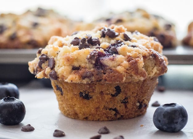 closeup of blueberry chocolate chip muffin