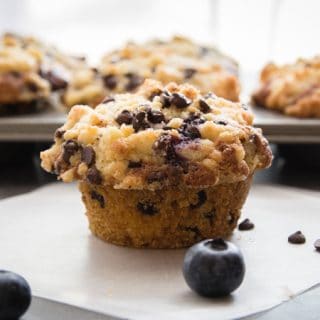 blueberry chocolate chip muffin with 2 blueberries and 3 mini chocolate chips beside it