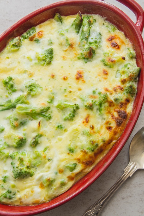 broccoli bake in a red baking pan