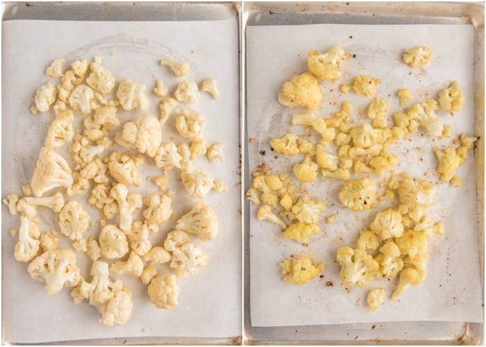 Cauliflower on a baking sheet before and after roasting.