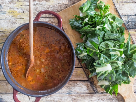 bean soup and chopped swiss chard