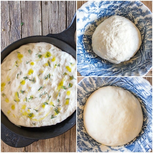 how to make focaccia bread dough, risen and in the pan