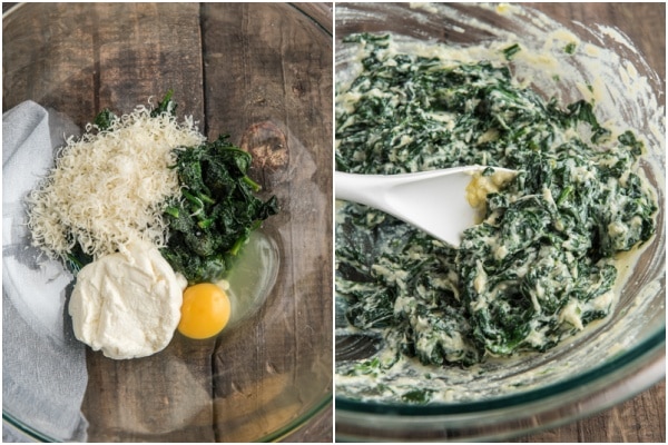 Mixing the ricotta & spinach in a glass bowl.