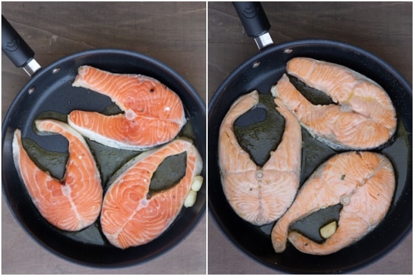 Cooking the salmon in the pan.