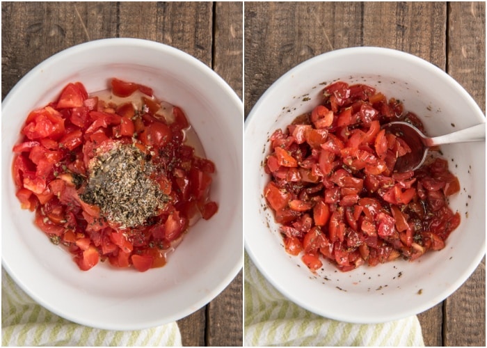 The tomato topping in a white bowl.