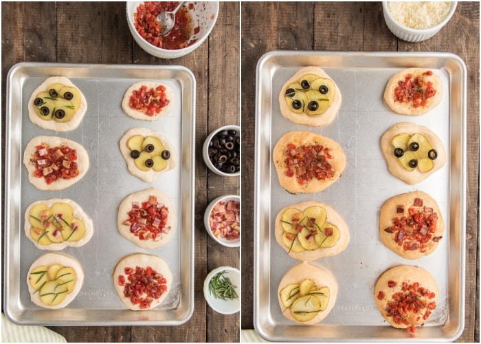 Topping the dough circles with different toppings.