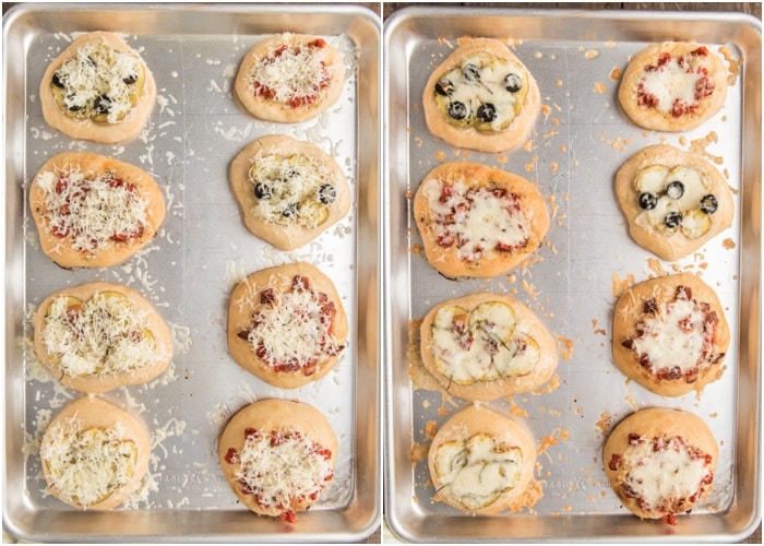 Cheese on the mini pizzas before and after melted.