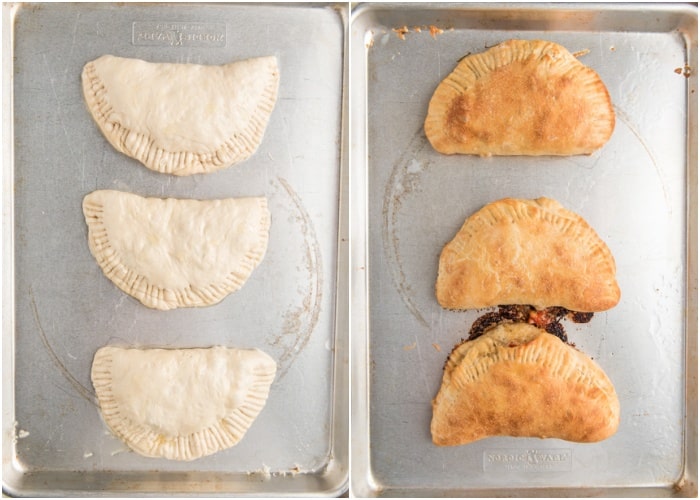 The mini calzone before and after baked.