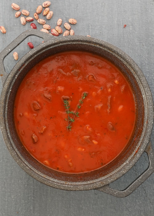 The soup cooked in the pot.