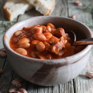 Bean soup in a blue bowl.