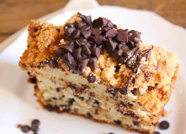Chocolate Chip Crumb Cake, a delicious cake filled with chocolate chips and topped with an amazing chocolate chip crumb topping.