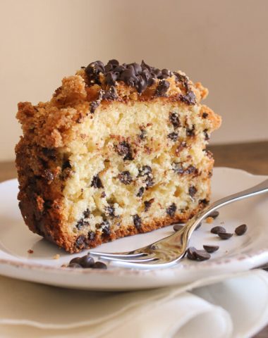 Chocolate Chip Crumb Cake, a delicious cake filled with chocolate chips and topped with an amazing chocolate chip crumb topping.