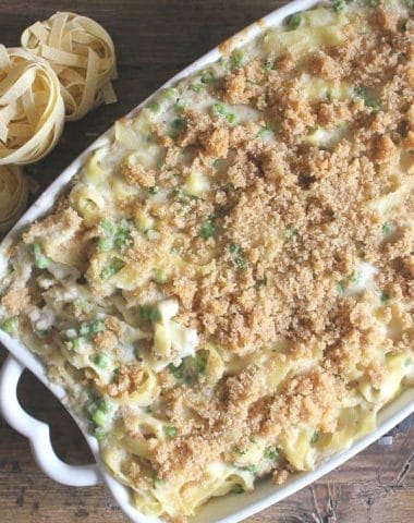 tuna noodle casserole baked in a white baking dish