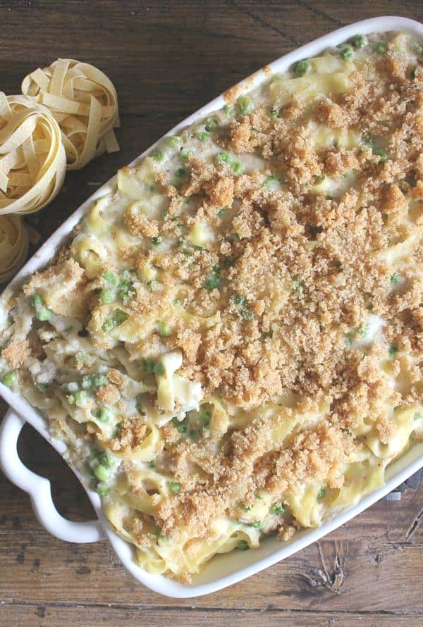 tuna noodle casserole baked in a white baking dish