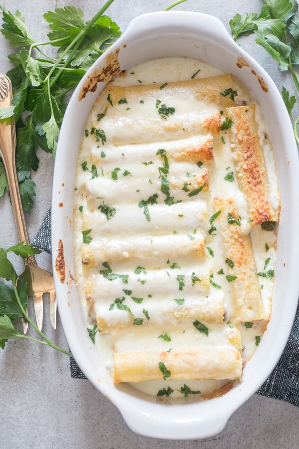ham and cheese cannelloni in a dish